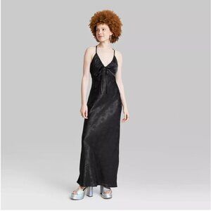 WILD FABLE SATIN SLIP MAXI DRESS CRISS CROSS BACK V-NECK WOMEN'S XS BLACK FLORAL